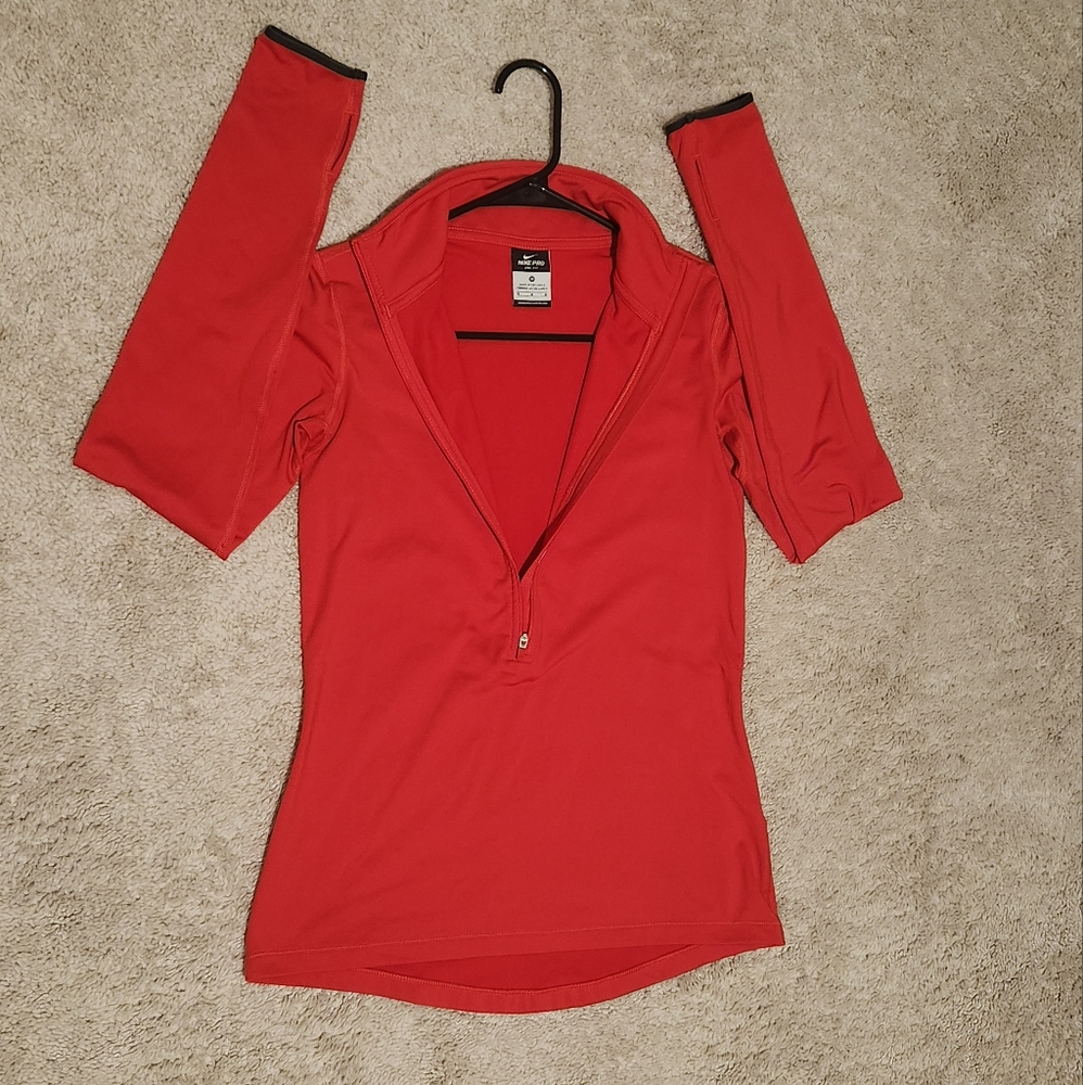 Nike Pro Dri Fit Women's Red 1/4 Zip Pullover Long Sleeve Thumbholes